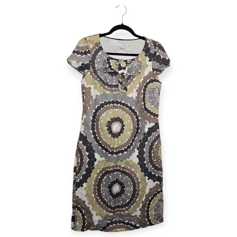 Boden Size 6L Tan Twiggy Geometric Dot Print 100% Linen Shift Dress Front Bow